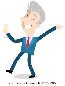 Vector illustration of an old cartoon businessman celebrating and drinking champagne isolated on white background