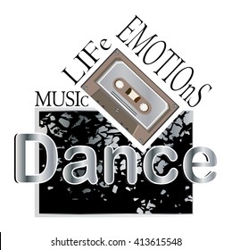 Vector illustration of old cassette on black blots background for print