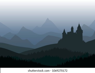 vector illustration of old caste on the top of mountain with pine forest beneath. misty hills and mountains landscape
