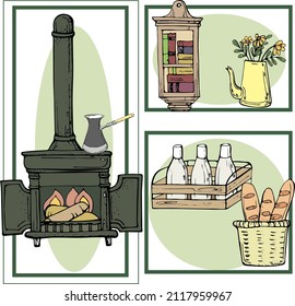 vector illustration an old cast-iron fireplace stove,an old wooden shelf with books,a jug of flowers,a basket of bread,a frame,for design card or postcard