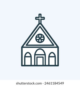 Vector illustration of old catholic church icon. Line pictogram with editable stroke. Gothic cathedral with a cross and rose window. Architecture and religion concept. For web design, map navigation