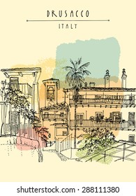 Vektorillustration Illustration der Altstadt in Drusacco, Italien, Europa. Historisches Gebäude mit einer Palmenlinie Kunst. Freehand Zeichnung. Reiseskizze, Handschrift. Vertikale Postkarte, Plakatvorlage