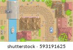 Vector illustration. Old city. (Top view) Vintage cityscape. (View from above)
Stone road, tiled roofs, lights, people and plants.
