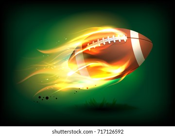 Vector illustration of an old classic leather rugby ball with laces and stitching in a fiery flame, sport success concept 