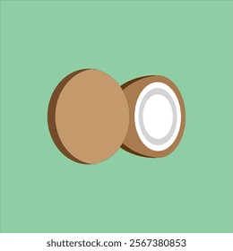 Vector illustration of old coconut fruit. Round shape whole and half. Main ingredient for making coconut milk