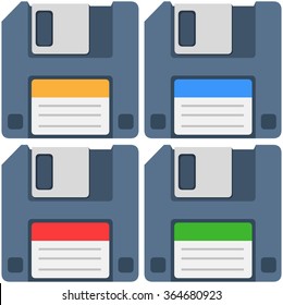 A vector illustration of an old computer floppy disk and colorful labels yellow blue red and green.