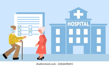 Vector Illustration old Couple in Love Walking Together.Walking together happy, smile faces. Man with stick. Background documents insurance. Hospital recovery.