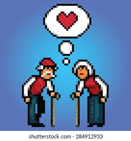 vector illustration of old couple with love heart on isolated background