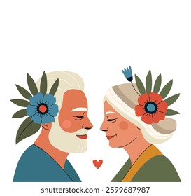 Vector illustration with old couple of man and woman. Romantic print design, active healthy lifestyle concept art with people and flowers. Mental health, relationship poster.