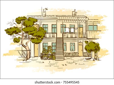 Vector illustration of old courtyard  in Odessa. Building in the old town. Good for vintage postcards, prints.