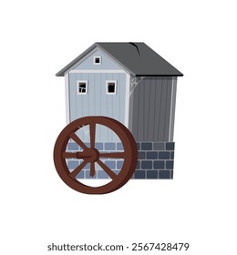 Vector illustration of old cracked water mill with broken windows and cobwebs. Dilapidated wooden house with high brick foundation and broken water wheel. Isolated background. Flat style.