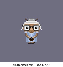 Vector illustration of an old cute grandmother in 32-bit pixel style. Chinese cool granny with gray hair in a bun. Grandma in glasses and in a blue old-fashioned dress with a handbag in her hands.