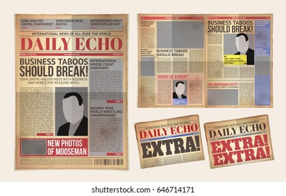 Vector Illustration Of An Old Daily Newspaper Template, Retro Tabloid, Layout Posting Reportage