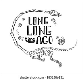 Vector illustration of old dino bones with lettering. Black and white poster of  archaeological discoveries.