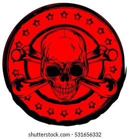 Vector illustration old dirty round stamp with stars  and abstract grunge skull with crossed bones