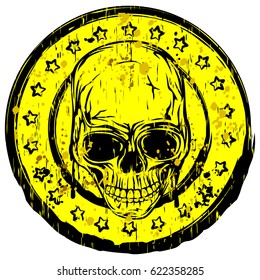 Vector illustration old dirty round stamp with stars  and abstract grunge skull