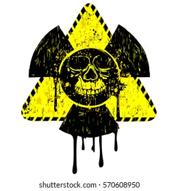 Vector illustration old dirty triangle radiation sign and abstract grunge skull