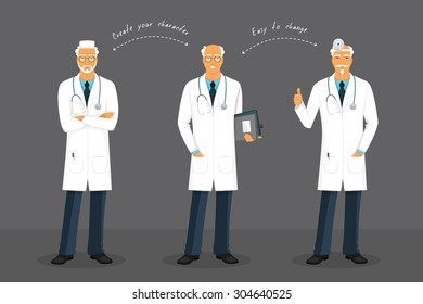 Vector illustration of Old doctor in various poses