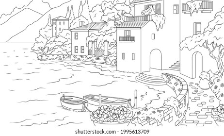 Vector illustration, old embankment old town in the mountains by the sea, coloring book