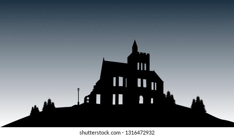 vector illustration of an  old empty castle on the hill, night starry sky