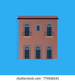 vector illustration of old Europe style building isolated on blue sky background with shadow.