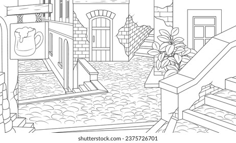 Vector illustration, old European street with a bar, coloring book.