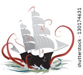 Vector illustration of old exploration ship attacked by a giant octopus