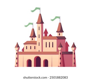 Vector illustration of an old fantastic castle with towers, flags and windows. A majestic design showcasing a magical kingdom on an isolated white background.