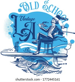 The vector illustration of the old fashion surfer on the surfboard