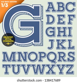 Vector illustration of an old fashioned alphabet. Vintage style. Background hatched