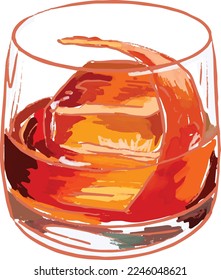 Vector Illustration of Old Fashioned Cocktail, Sketch