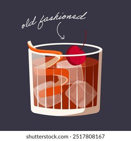 Vector illustration of old fashioned cocktail isolated on black background. Classical alcohol drink garnished with orange peel and cherry