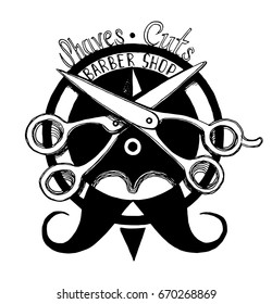 Vector illustration of old fashioned engraving style emblem for barber shop. Vintage drawing style.