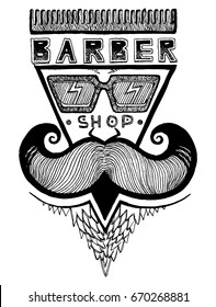 Vector illustration of old fashioned engraving style emblem for barber shop. Vintage drawing style.