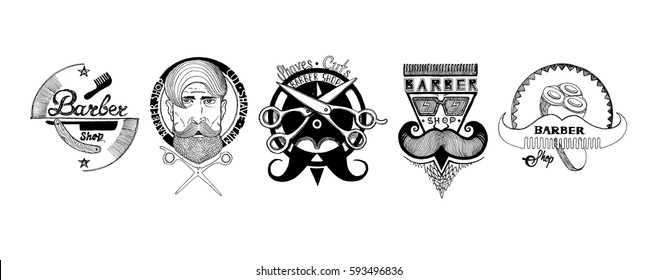 Vector illustration of old fashioned engravings styled emblems for barber shop: hair brush, mustaches, straight and electric razor, hairdresser scissors. Vintage drawing style.