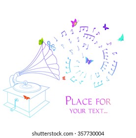 Vector illustration with old fashioned gramophone butterflies and notes