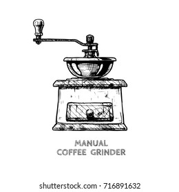 Vector illustration of old fashioned manual burr mill coffee grinder in ink hand drawn style. isolated on white.