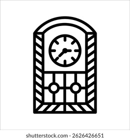 Vector illustration of old floor clock. Line icon of vintage large wooden grandfahter clock with pendulum. Isolated object on white background.