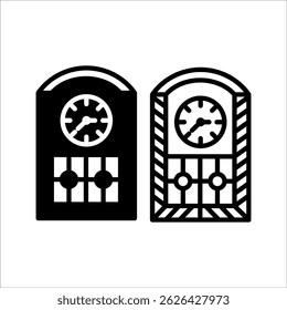 Ilustração vetorial do antigo relógio de piso. Linha ícone conjunto de vintage grande relógio de madeira com pêndulo. Objeto isolado no plano de fundo branco.