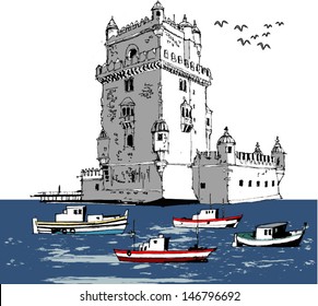 Vector illustration of old fort, Lisbon, Portugal. 