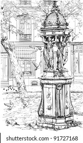 Vector illustration of an old fountain in Montmartre - Paris