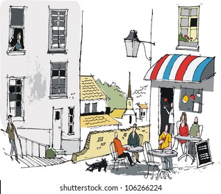 Vector illustration of old French cafe with diners, Europe.