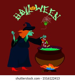 Vector illustration of old funny witch is cooking something poisonous in her cauldron, at Halloween night.