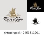 Vector illustration of Old Galleon Pirate Ship or Classic Merchant Sailing Vessel Boat on ocean sea waves for vintage nautical illustration label logo design