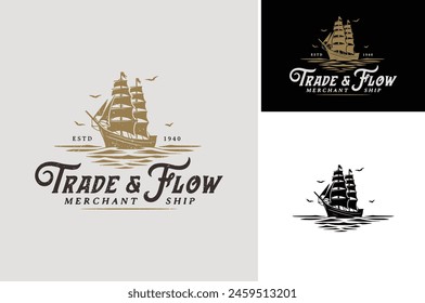 Vector illustration of Old Galleon Pirate Ship or Classic Merchant Sailing Vessel Boat on ocean sea waves for vintage nautical illustration label logo design