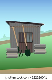 Vector illustration of old garden shed with farm tools - pitchfork and shovel. 