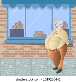 Vector illustration of an old grandfather going to the store with bread