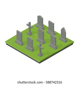 Vector illustration of an old graveyard.
Exterior isometric view a cemetery with graves and gravestones.