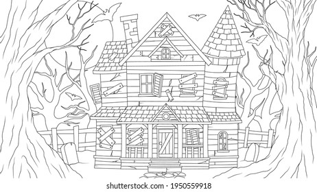 Vector illustration, old haunted house at full moon night, coloring book.