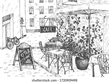 Vector illustration of the old heritage vintage cafe. Outdoor space with ornate furniture chairs and tables. Street exterior view. Vintage hand drawn engraving style.